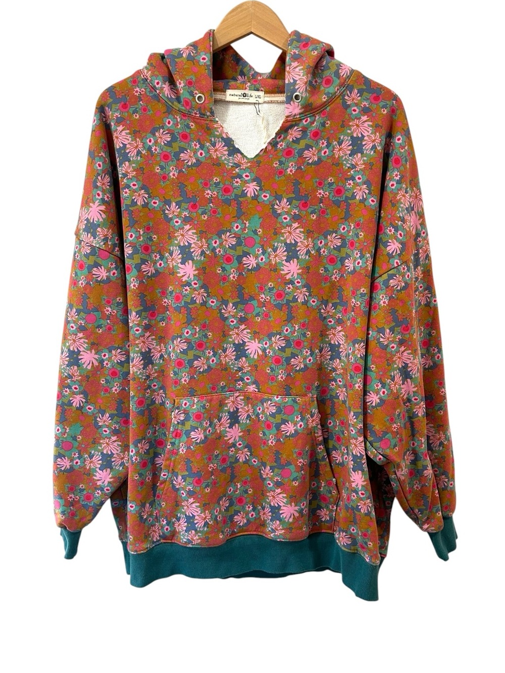 NATURAL LIFE Oversized Printed Floral Hoodie L/XL teal pink boho